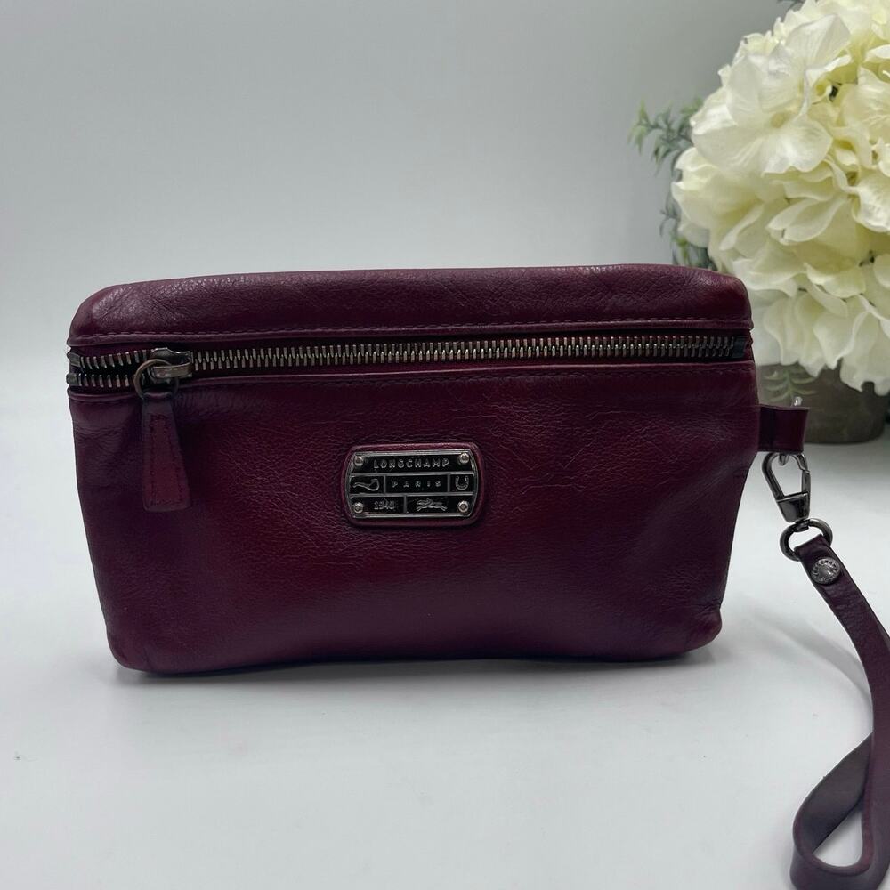 *Longchamp Vintage Le Pliage Cuir Burgundy Wine Leather Clutch‎ Wristlet